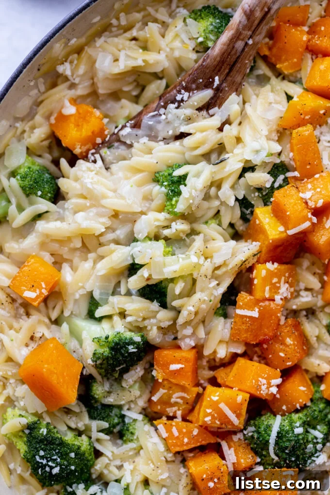 Golden Cheesy Butternut Orzo 2 A vibrant bowl of Cheesy Butternut Squash Parmesan Orzo, garnished with fresh herbs, showcasing the golden orzo, tender butternut squash cubes, and pops of green broccoli. A fork invites you to dive in.