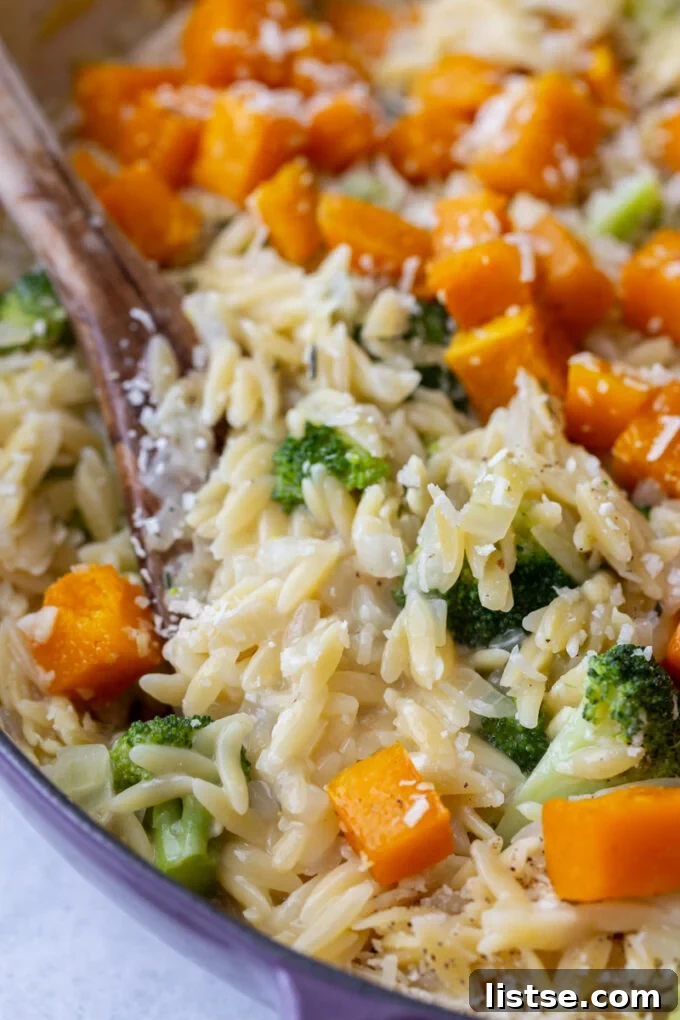 Golden Cheesy Butternut Orzo 5 An inviting close-up of cheesy orzo pasta simmering in a skillet, showcasing the perfectly cooked grains intertwined with tender butternut squash and bright green broccoli.