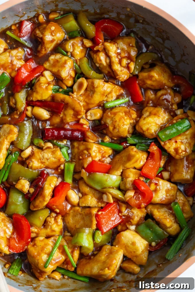 Kung Pao Tofu cooked in a large skillet, ready to be served