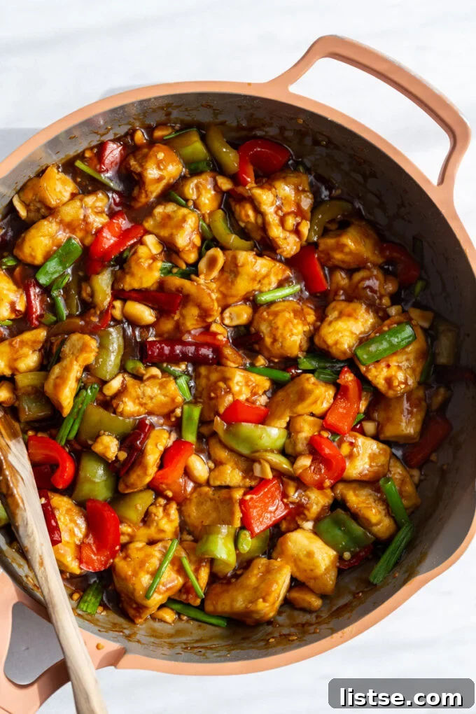 Large skillet filled with freshly cooked Kung Pao Tofu
