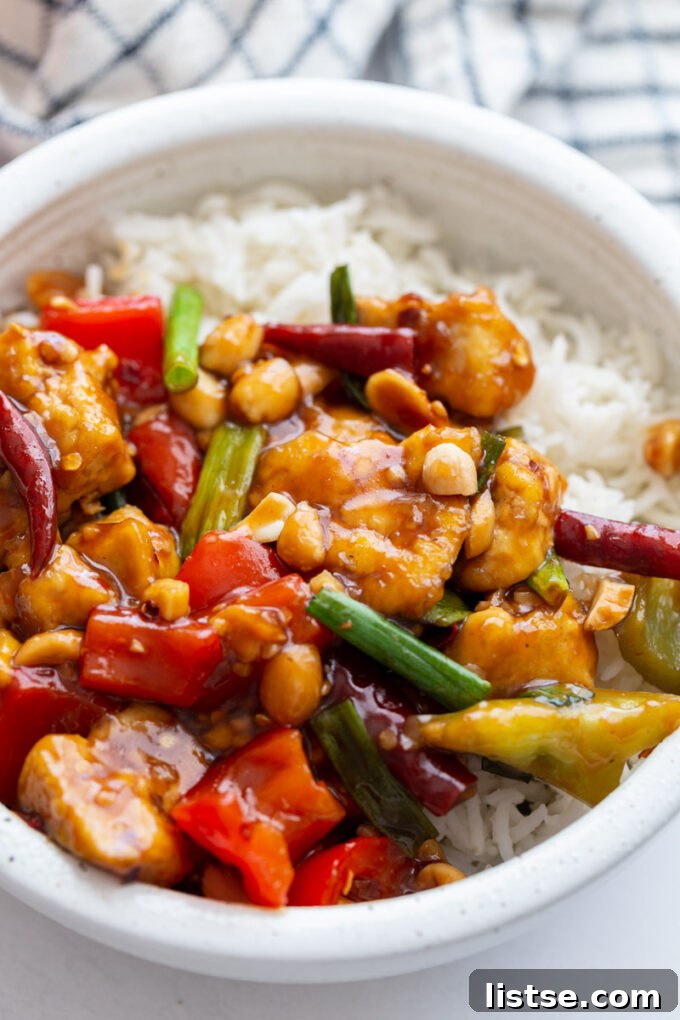 Kung Pao Tofu served beautifully over white rice