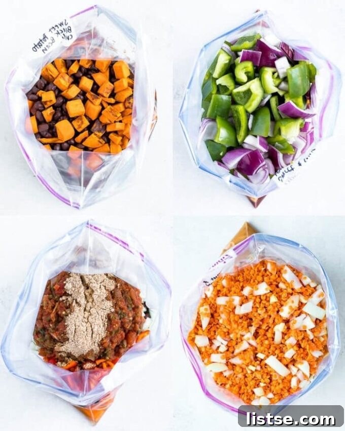 Effortless Vegetarian Crockpot Feasts 18 Several slow cooker freezer meals prepped in bags, ready for future cooking.