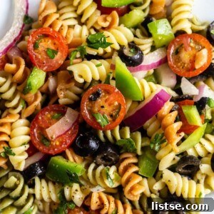 veggie pasta salad with colored noodles