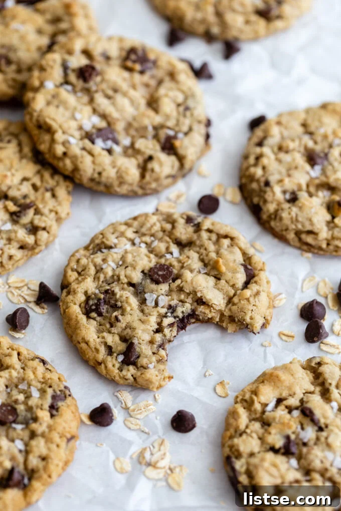 Delicious vegan chocolate chip oatmeal cookies artfully arranged on parchment paper, surrounded by loose oats and chocolate chips.