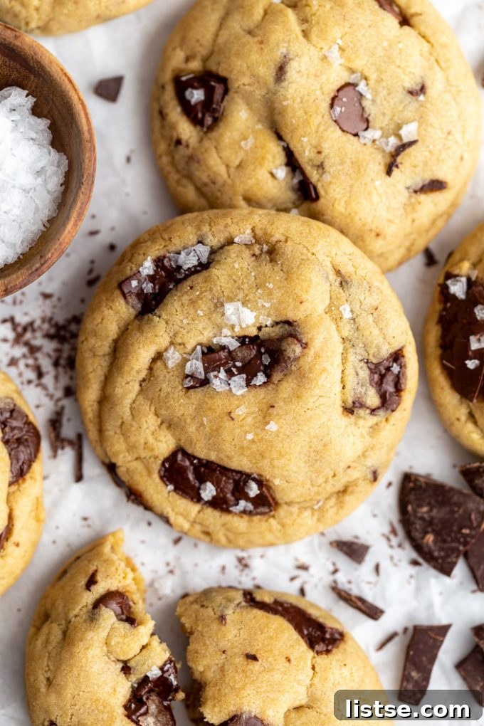 Stack of warm vegan chocolate chip cookies topped with a sprinkle of flaky sea salt, emphasizing their rich texture and perfect bake.