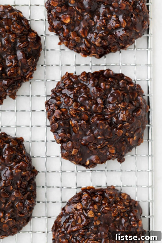 Irresistible vegan no-bake cookies with a rich chocolate and peanut butter coating, cooling on a wire rack.