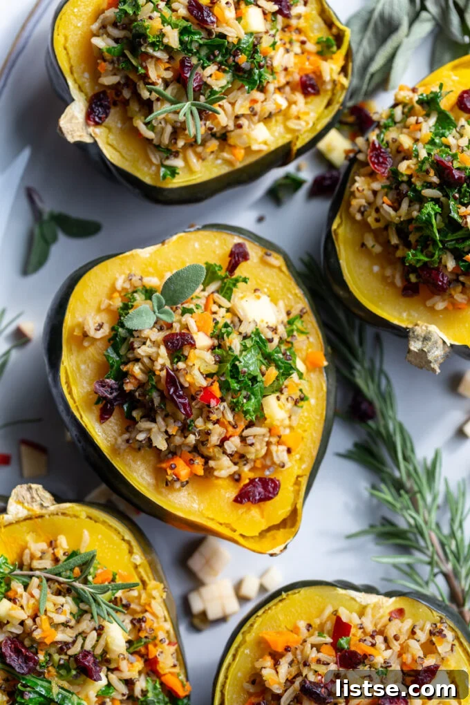 Vegan Acorn Squash Boats 2 vegetarian stuffed acorn squash topped with cranberries, ready to serve