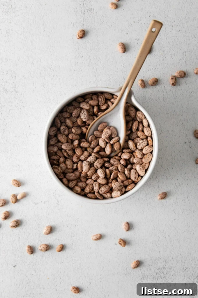 Creamy Instant Pot Pinto Beans 3 Dry pinto beans in a bowl with a wooden spoon