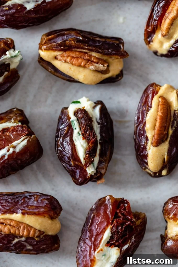 Delicious Medjool dates, beautifully stuffed and ready to be served.