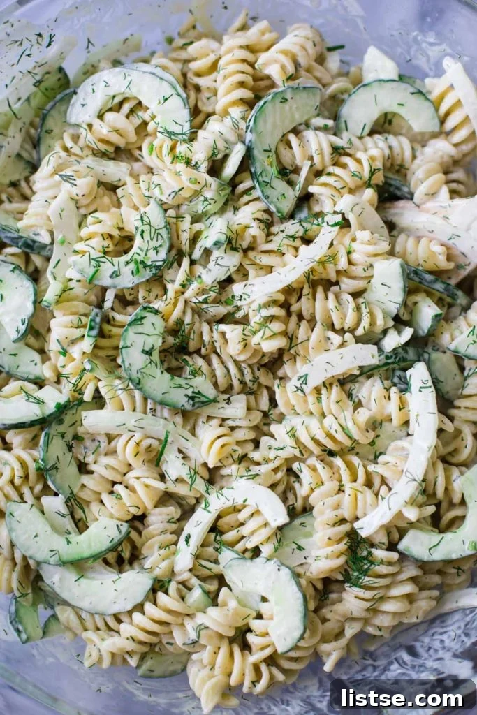 A vibrant and fresh dill-infused pasta salad, perfect for a summer picnic.