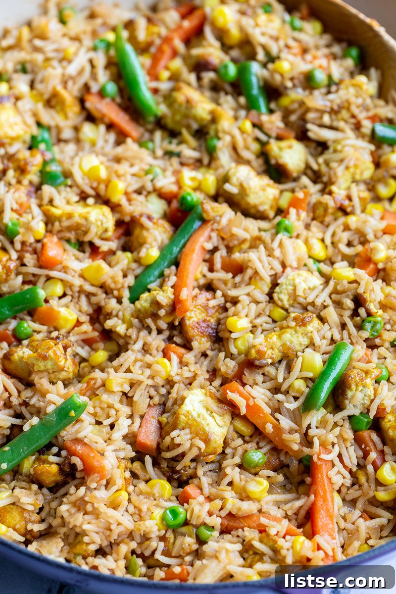 Ultimate Tofu Fried Rice 4 A serving of Tofu Fried Rice with mixed vegetables, highlighting the texture of the rice and tofu.