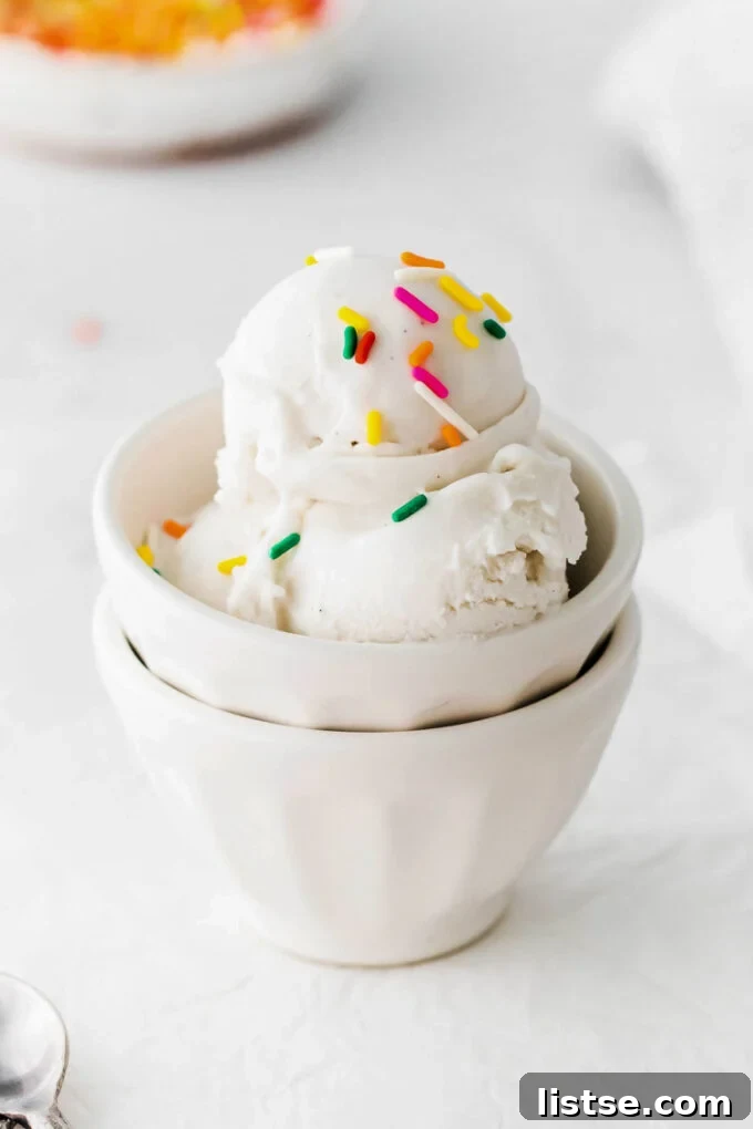 A Veritable Feast of V Foods 2 scoops of vanilla ice cream in a small white bowl topped with sprinkles