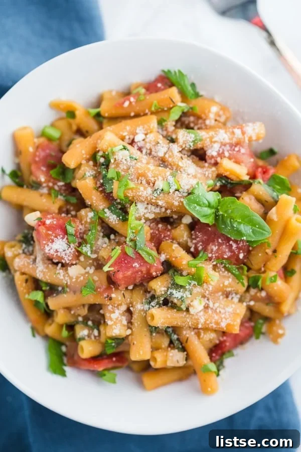 one pot lentil pasta in a white bowl