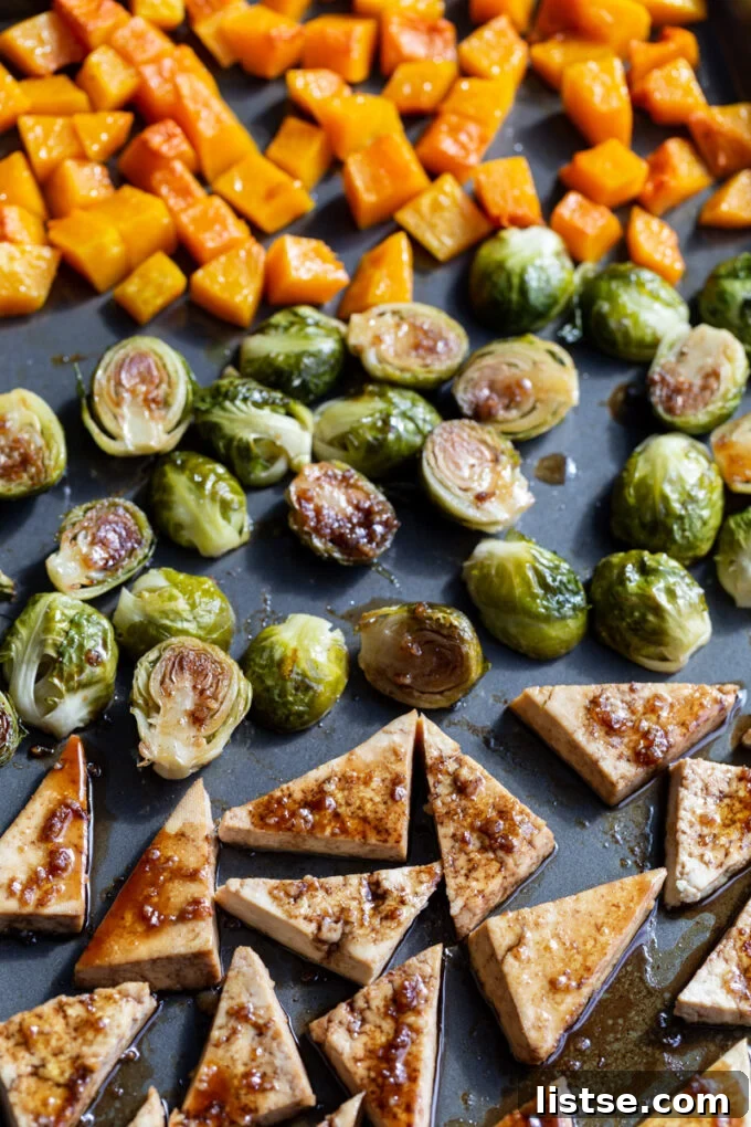 sheet pan balsamic tofu and veggies on a baking pan