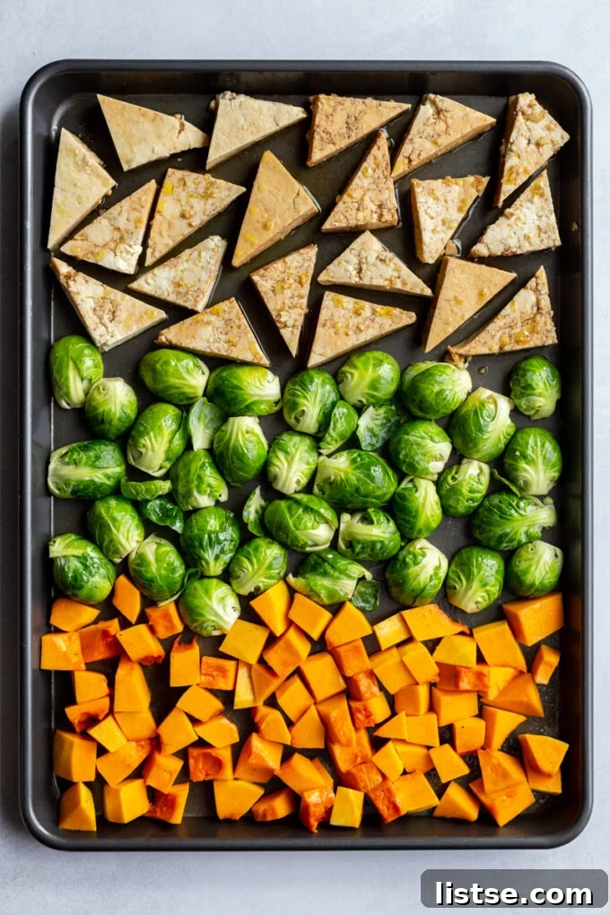sheet pan balsamic tofu and veggies on pan