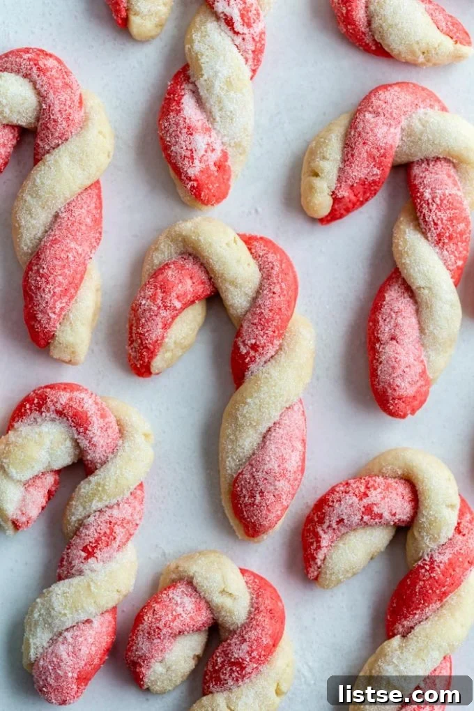 Festive Plant-Based Cookie Delights 8 Twisted red and white sugar cookies resembling candy canes, arranged on parchment paper