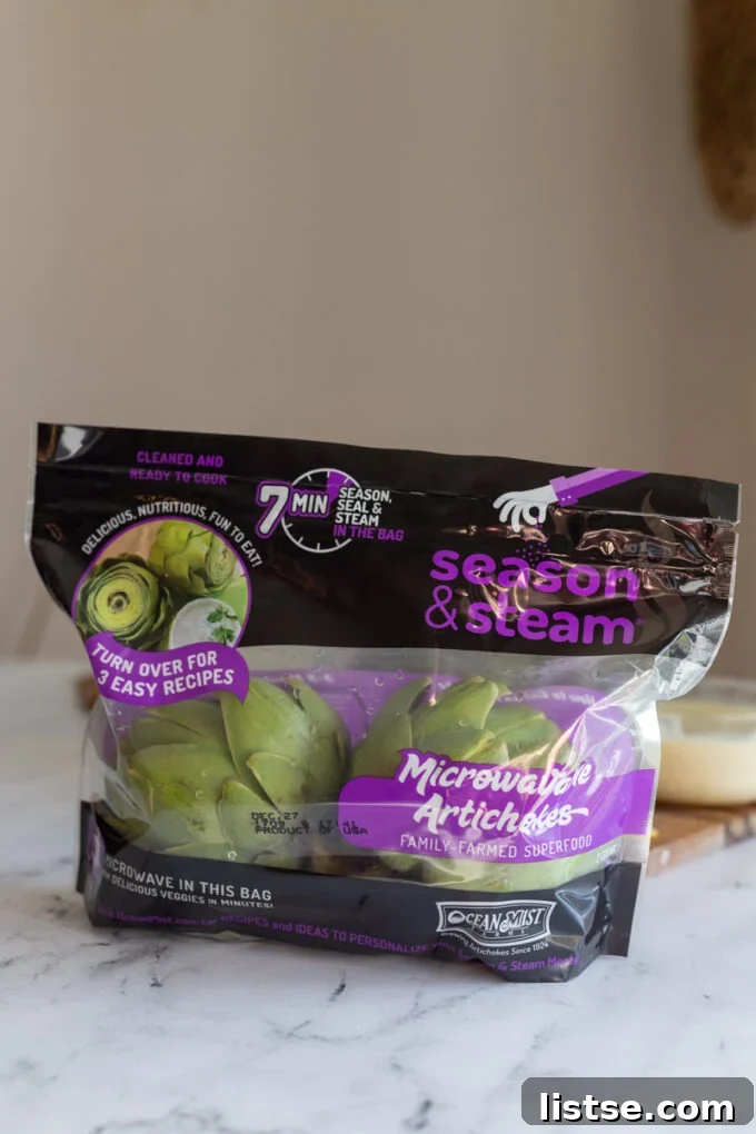 Sensational Artichoke Dips 3 A close-up of an Ocean Mist Season & Steam artichoke package, highlighting its convenience.