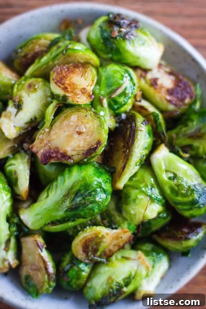 Easy sautéed Brussels sprouts in a skillet.