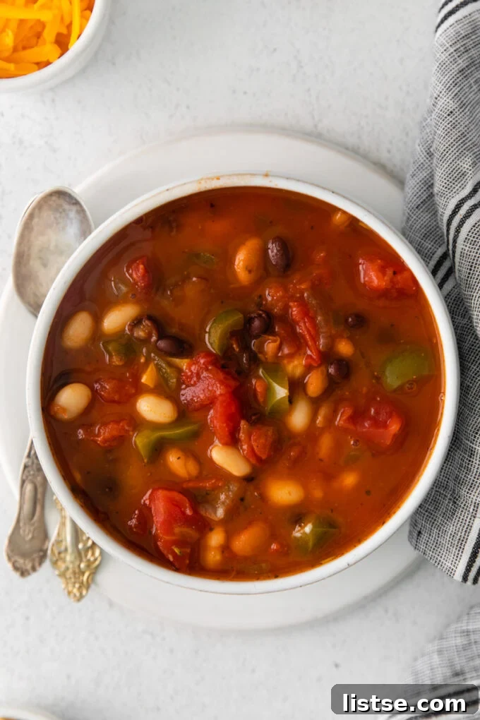 vegetarian taco soup in a white bowl