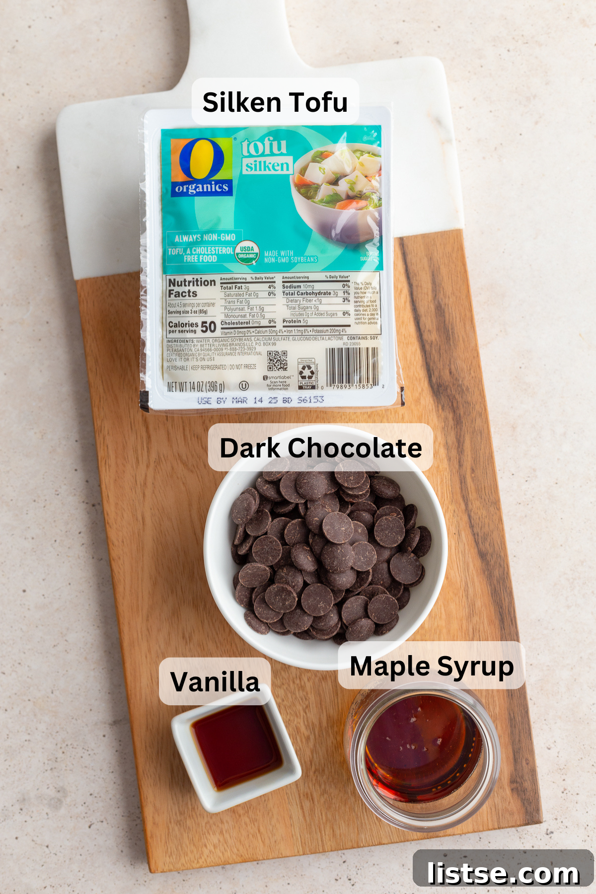 Dreamy Vegan Silken Tofu Chocolate Mousse 4 ingredients needed to make silken tofu pudding, including silken tofu, dark chocolate, maple syrup, and vanilla extract