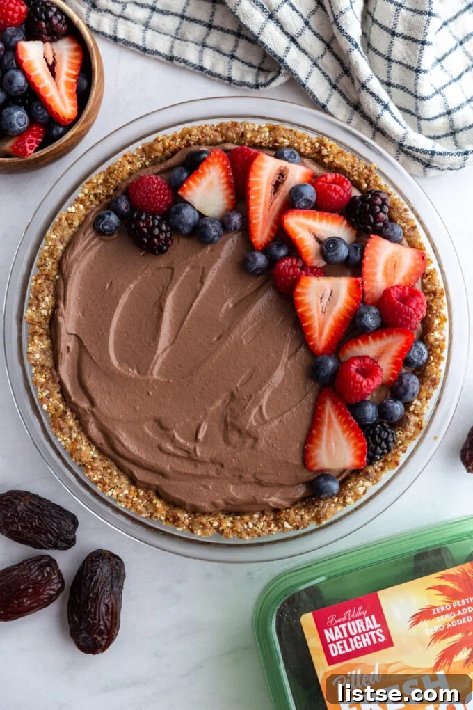 no bake chocolate pie topped with fresh mixed berries