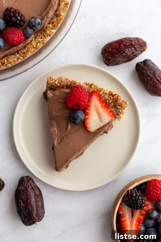 slice of chocolate no bake pie on a small plate