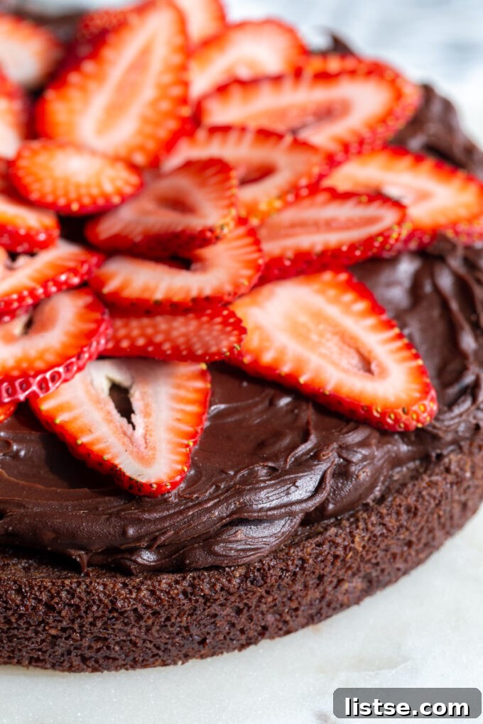 Decadent Plant-Based Chocolate Ganache 3 Decadent chocolate cake generously topped with luscious vegan ganache and vibrant sliced strawberries, ready to be enjoyed.