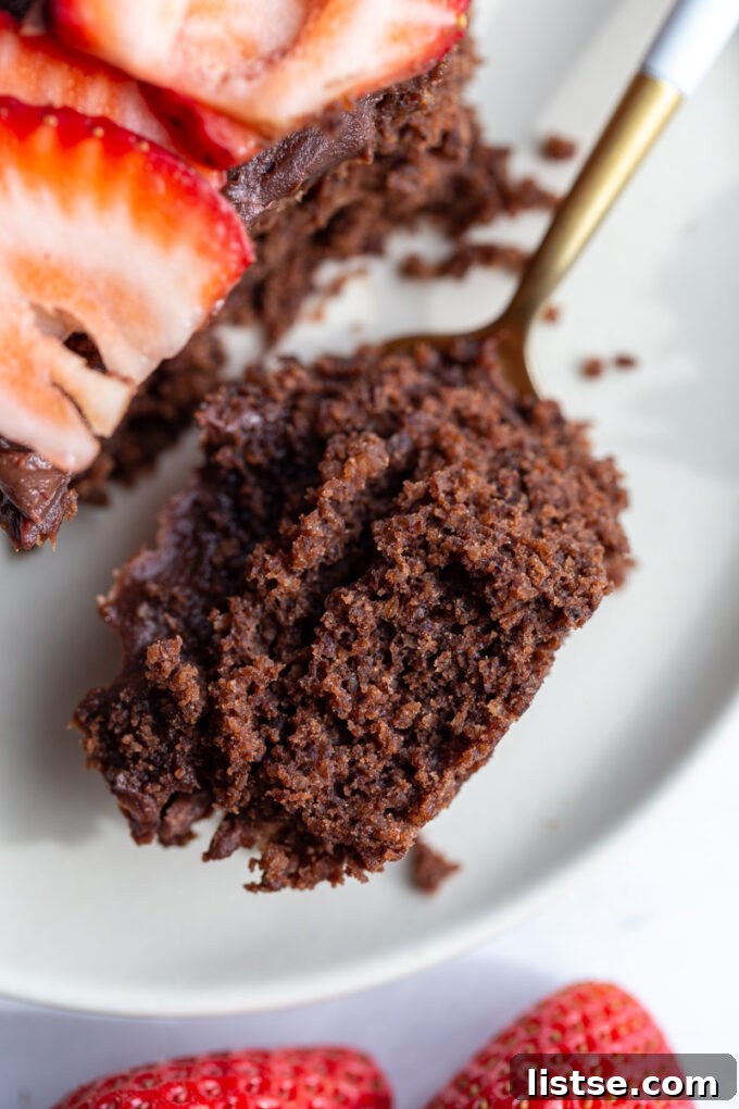 Decadent Vegan Gluten-Free Cake 6 A fork with a delicious bite of vegan gluten-free chocolate cake.