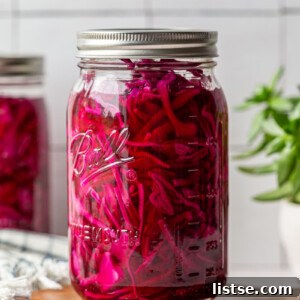 Pickled cabbage in a glass mason jar.