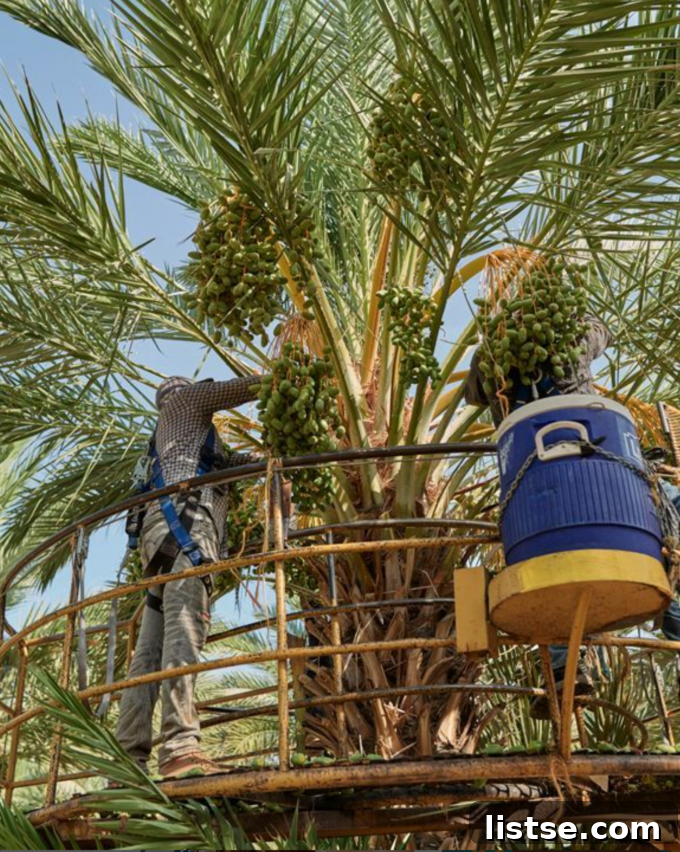 Date palm trees with a worker harvesting fresh green dates from the tree in a desert landscape