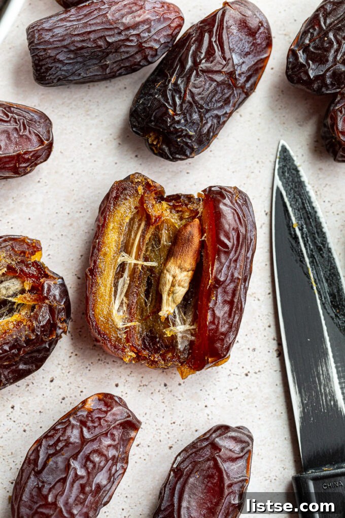 A Medjool date cut in half to clearly show the large, dark seed inside its sweet, fibrous flesh
