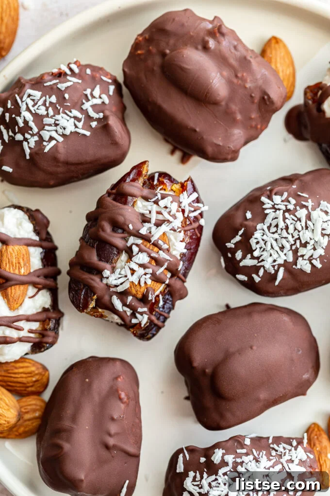 Medjool dates stuffed with a creamy coconut filling, topped with a whole almond and drizzled with melted dark chocolate.
