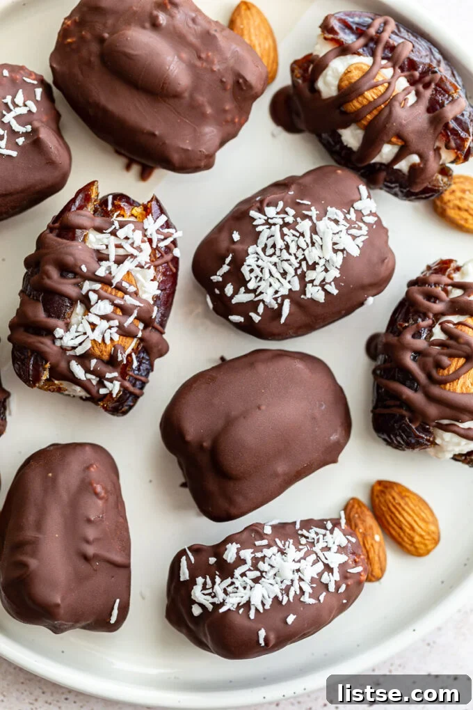 A tray of freshly made Almond Joy Medjool dates, perfectly coated in chocolate and ready to enjoy.