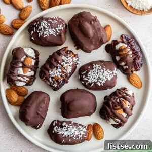Medjool dates stuffed with coconut and topped with an almond and meted chocolate
