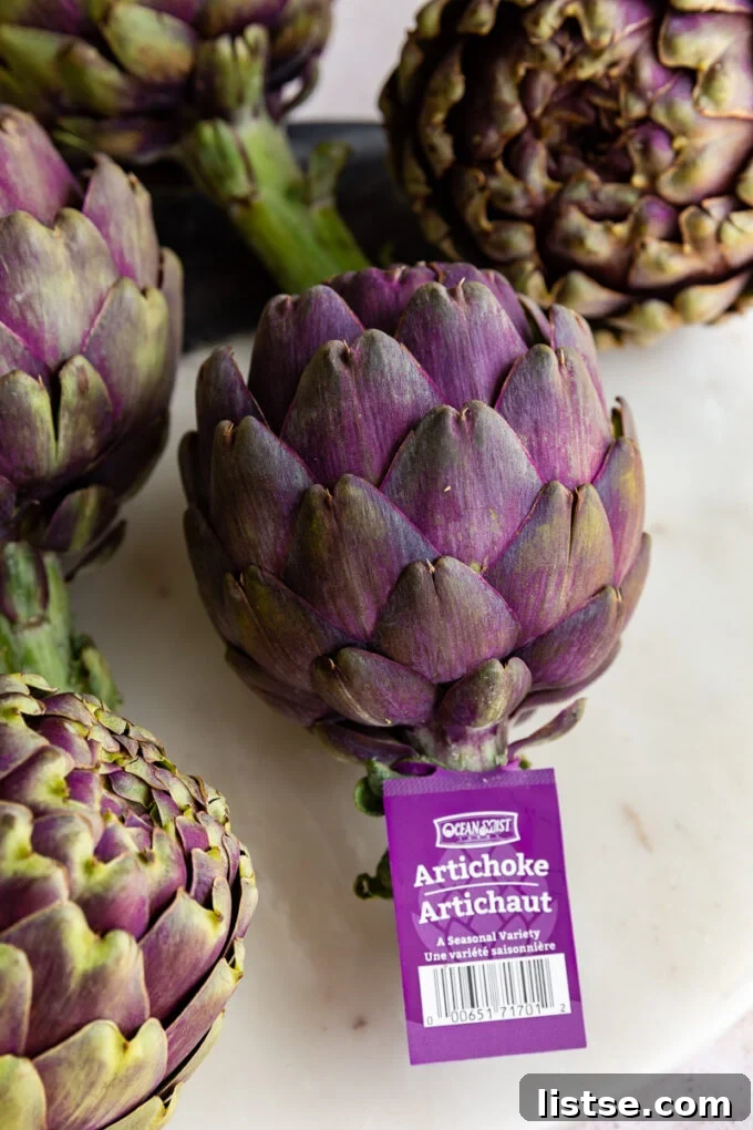 Gourmet Stuffed Purple Artichokes 3 Fresh purple artichokes from Ocean Mist Farms, highlighting their distinct color and quality.