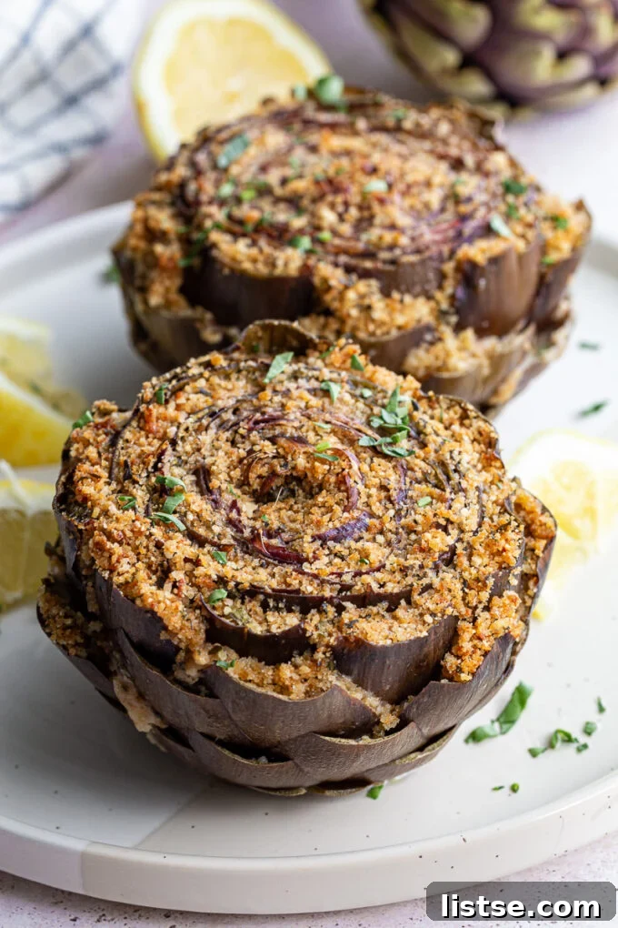 Gourmet Stuffed Purple Artichokes 6 Close-up of the delicious herb and cheese stuffing mixture in a bowl.
