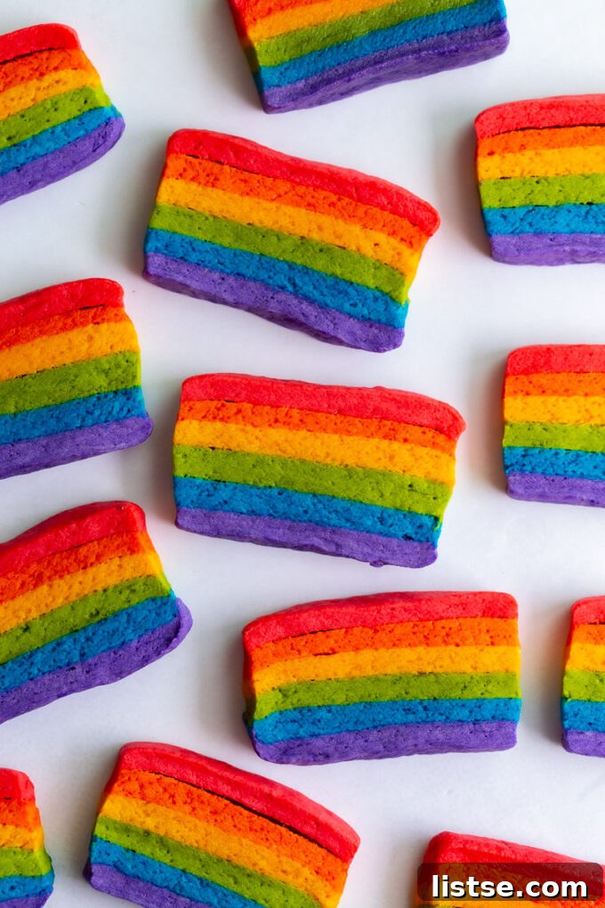 A festive arrangement of freshly baked Vegan Pride Flag Sugar Cookies on a crisp white background.