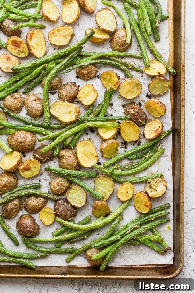 Golden Roasted Potatoes with Tender-Crisp Green Beans 5 Roasted green beans and potatoes fresh off the sheet pan.