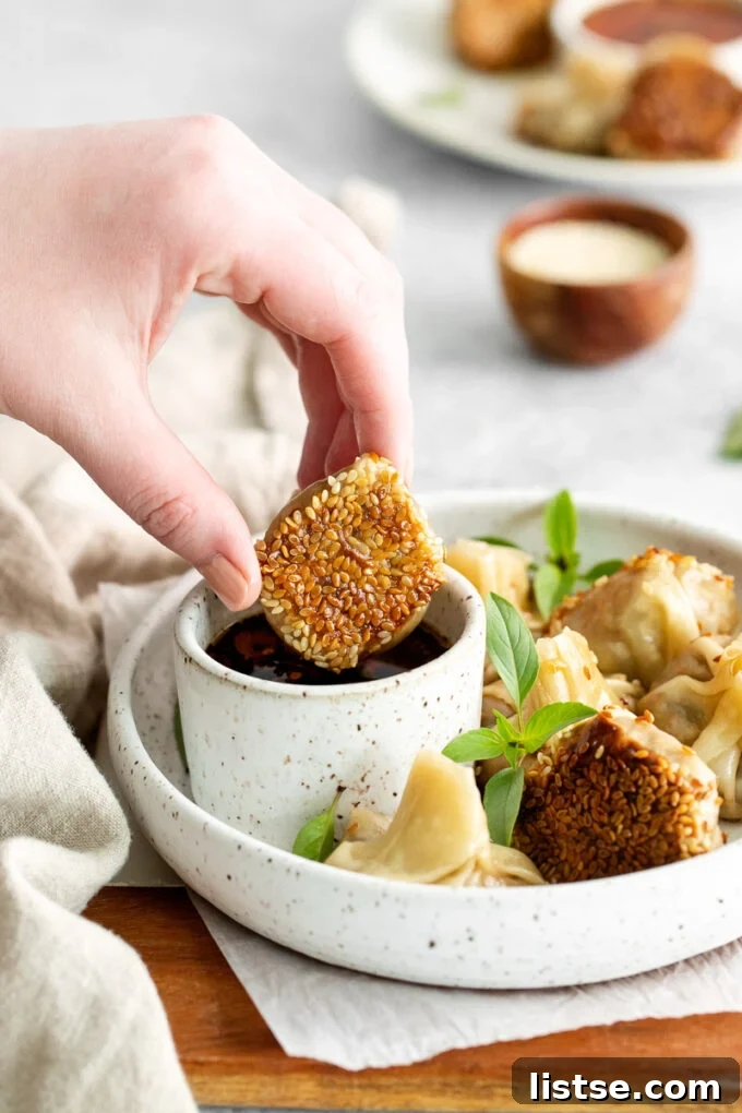 Plant-Powered Parcels 3 A woman's hand gracefully dipping a freshly cooked vegan dumpling into a small bowl of savory dipping sauce.