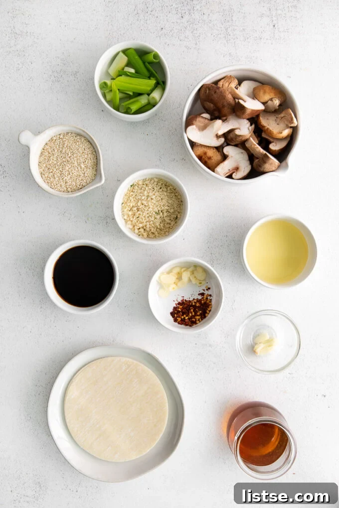 Plant-Powered Parcels 4 An array of fresh ingredients for making vegan dumplings, neatly arranged in small bowls on a wooden surface.