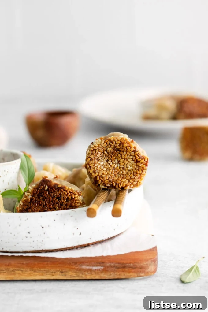 Plant-Powered Parcels 8 A plate of freshly made vegan dumplings, generously covered in white sesame seeds, showcasing their crispy exterior.