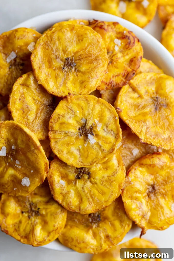 Tropical Plantain Crunch 3 Freshly baked plantain chips in a bowl, generously sprinkled with flaky sea salt.