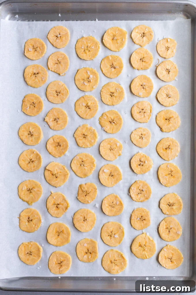 Tropical Plantain Crunch 4 Thinly sliced green plantains arranged neatly on a parchment-lined baking tray before baking.