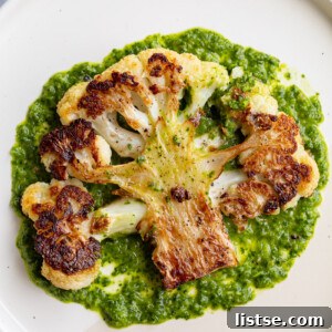 Cauliflower steak served with chimichurri sauce.
