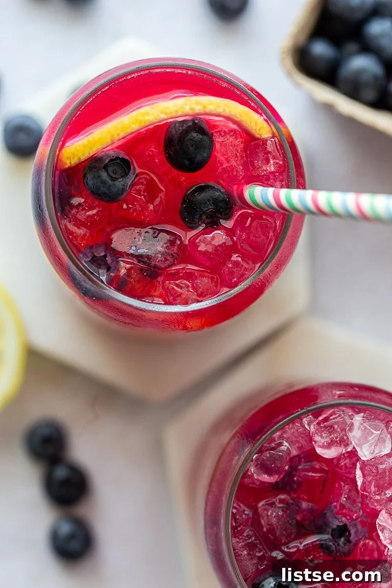 Overhead view of blueberry lemonade garnished with blueberries and lemon slices in a clear pitcher.
