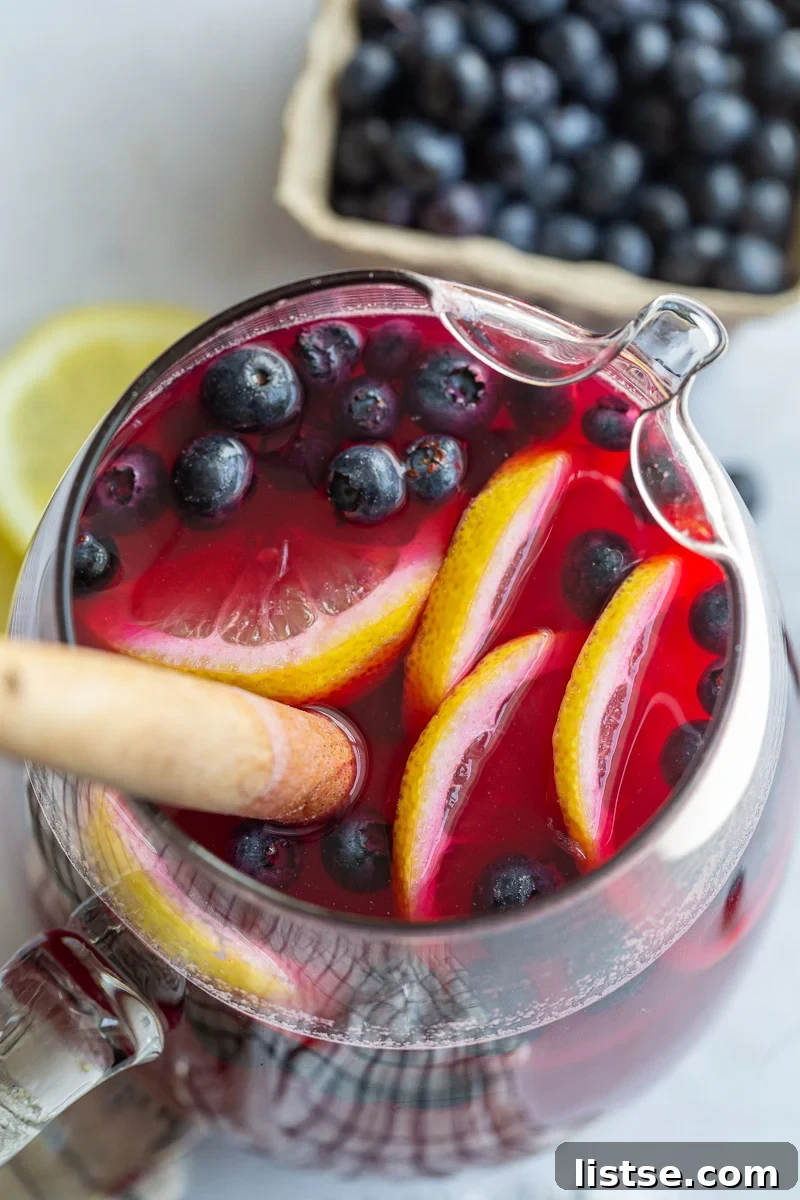 Overhead view of a bright pink blueberry lemonade garnished with fresh blueberries and lemon slices.