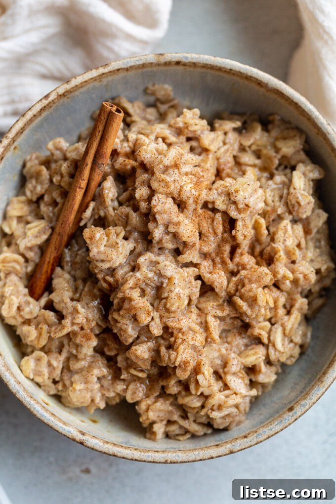 Spiced Morning Oats 2 A beautifully presented bowl of creamy cinnamon oatmeal, garnished with a cinnamon stick, inviting a warm and comforting breakfast experience.