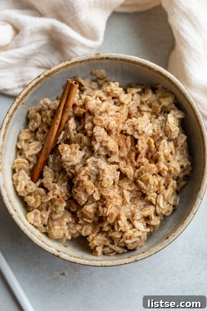 Spiced Morning Oats 5 A bowl of freshly prepared cinnamon oats, showcasing its enticing texture, ready to be enjoyed as a wholesome breakfast.