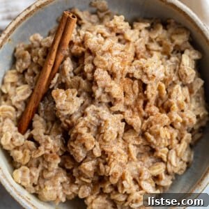 A bowl of creamy cinnamon oatmeal, garnished with a cinnamon stick.