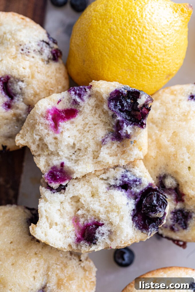Bright Lemon Blueberry Muffins 3 Blueberry muffin cut in half, revealing its tender, moist interior and abundant blueberries.